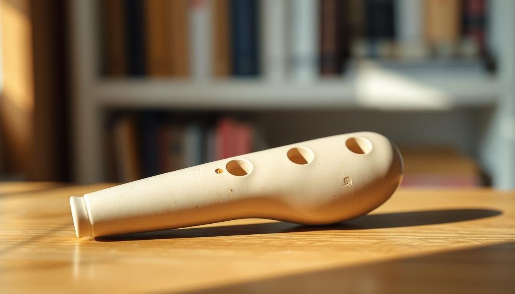 A peaceful, serene scene depicting an ocarina, the iconic wind instrument, resting on a wooden surface. The ocarina has a smooth, ceramic body with intricate finger holes, exuding a sense of craftsmanship. The lighting is soft and natural, casting gentle shadows that accentuate the ocarina's form. In the background, a blurred, out-of-focus bookshelf or shelving unit suggests a cozy, comfortable setting, evoking the atmosphere of a beginner's guide to playing the ocarina. The overall mood is one of tranquility and inspiration, inviting the viewer to imagine the soothing melodies that can be produced by this humble yet powerful instrument.