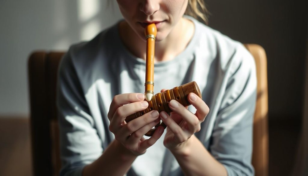 A person seated in a relaxed yet attentive posture, holding an ocarina in their hands. The ocarina is positioned with care, its mouthpiece gently placed between the player's lips. The lighting is soft and natural, illuminating the scene from the side to accentuate the contours of the player's face and the instrument. The background is blurred, keeping the focus on the central subject and creating a serene, contemplative atmosphere. The composition emphasizes the connection between the player and the ocarina, highlighting the importance of proper posture and breath control in mastering this wind instrument.