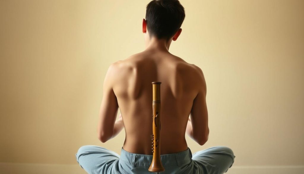 A person sitting upright, their back straight and shoulders relaxed, holding an ocarina in front of them. The lighting is soft and natural, casting a warm glow on their face and instrument. The background is a simple, uncluttered setting, allowing the subject's posture and the ocarina to be the focal points. The overall mood is one of focus, concentration, and a sense of balance between the body and the musical instrument.