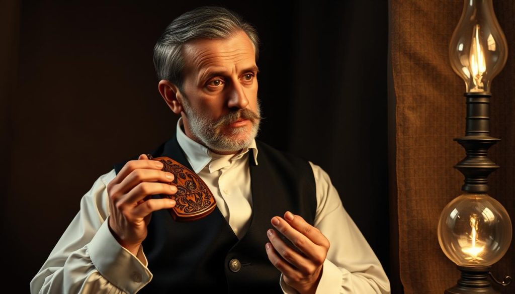 A portrait of Giuseppe Donati, the renowned 19th century Italian ocarinist and inventor, set against a dimly lit, sepia-toned backdrop. Donati is depicted in a three-quarter view, dressed in a crisp white shirt, dark waistcoat, and frock coat, his gaze fixed intently on an ornately carved wooden ocarina held delicately in his hands. The ocarina's intricate design and polished surface reflects the warm glow of a nearby oil lamp, casting a subtle, golden light across Donati's weathered yet focused features. The composition evokes a sense of historical importance and the pivotal role Donati played in the development of the modern ocarina.