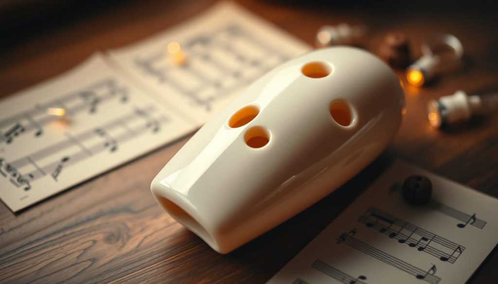 A pristine ocarina, its smooth ceramic surface reflecting warm, diffuse lighting. The instrument rests on a wooden surface, surrounded by musical notes and a serene, atmospheric ambiance. The focus is sharp, capturing every intricate detail of the ocarina's craftsmanship - the delicate finger holes, the graceful curves, and the subtle textures that suggest its quality. The overall mood is one of tranquility and musicality, inviting the viewer to imagine the soulful melodies that could emanate from this well-cared-for instrument.