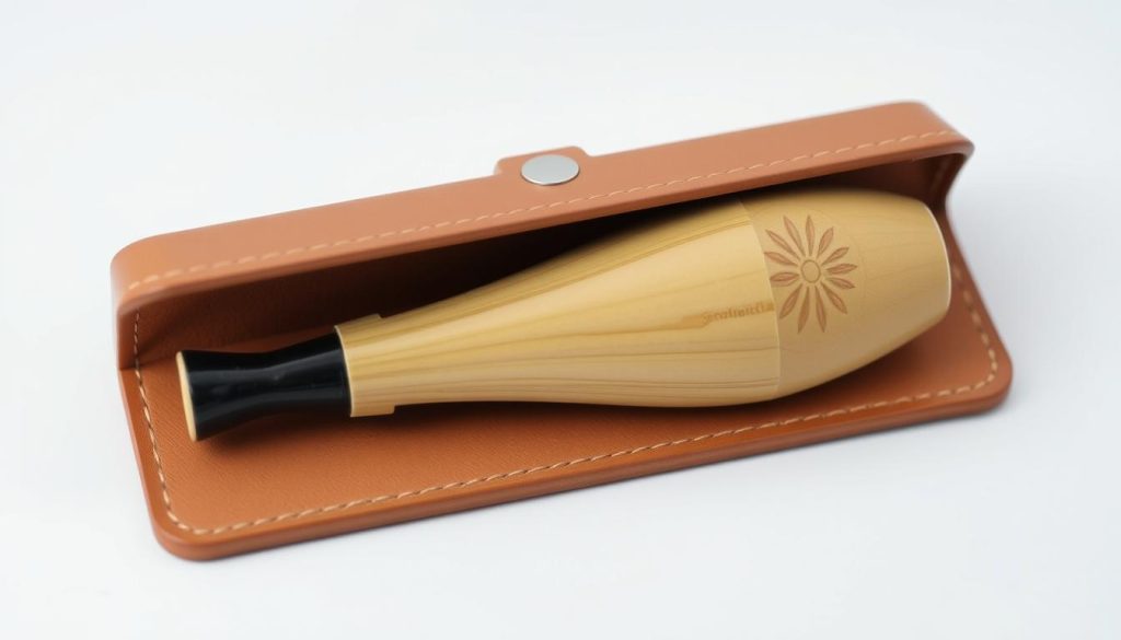 A protective cover for an ocarina, crafted from high-quality leather or fabric. The etui features a sleek, minimalist design with clean lines and a neutral color palette, allowing the natural beauty of the instrument to shine. Precise stitching and a secure closure mechanism ensure the ocarina is safeguarded during transport and storage. The etui's interior is lined with a soft, padded material to prevent scratches or damage. Subtle embossed or debossed patterns add a touch of elegance, complementing the ocarina's organic form. Designed to be both functional and visually appealing, this accessory seamlessly integrates with the instrument, creating a harmonious, cohesive aesthetic.