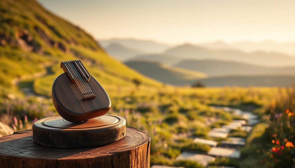 A serene and picturesque landscape unfolds, with a winding path leading towards a verdant hillside. In the foreground, a beautifully crafted ocarina rests upon a wooden plinth, its delicate features illuminated by warm, natural lighting. The instrument's gentle curves and intricate details are captured with photorealistic precision, inviting the viewer to imagine the melodies it could produce. In the middle ground, a lush meadow stretches out, dotted with vibrant wildflowers that sway in a gentle breeze. The background showcases a range of rolling hills, their silhouettes softened by a hazy, golden-hour atmosphere. The entire scene conveys a sense of tranquility and the passage of time, perfectly complementing the theme of "Plan de progression sur le fil du temps".