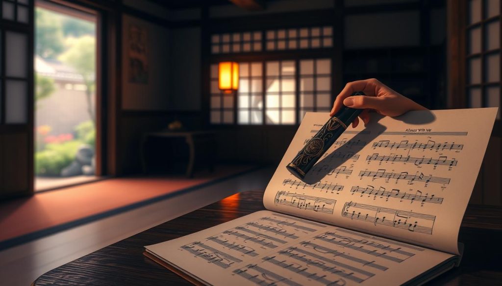 A serene, dimly lit room in a traditional Japanese home. In the foreground, an open sheet of sheet music lays on a wooden table, the notes of "Always With Me" from the film Spirited Away delicately rendered. A graceful hand holds an ornate ocarina, the instrument's soulful melody filling the air. In the middle ground, a window looks out onto a tranquil garden, the soft glow of a lantern illuminating the scene. The background is shrouded in shadows, the focus drawn to the intimate musical performance. Warm lighting casts a gentle, nostalgic atmosphere, inviting the viewer to become immersed in the captivating melody.