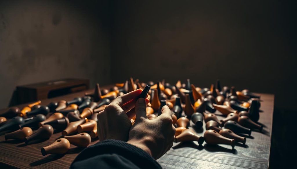 A serene, dimly-lit studio filled with an array of ocarinas in various sizes and shapes, carefully arranged on a wooden table. Soft, warm lighting casts subtle shadows, creating an intimate, contemplative atmosphere. In the foreground, a skilled musician's hands delicately position an ocarina, their fingers poised to play a soulful melody. The background features a muted, textured wall, adding depth and a sense of timelessness to the scene. The overall composition conveys a sense of reverence, technique, and the tranquil joy of mastering this ancient wind instrument. A serene, dimly-lit studio filled with an array of ocarinas in various sizes and shapes, carefully arranged on a wooden table. Soft, warm lighting casts subtle shadows, creating an intimate, contemplative atmosphere. In the foreground, a skilled musician's hands delicately position an ocarina, their fingers poised to play a soulful melody. The background features a muted, textured wall, adding depth and a sense of timelessness to the scene. The overall composition conveys a sense of reverence, technique, and the tranquil joy of mastering this ancient wind instrument.