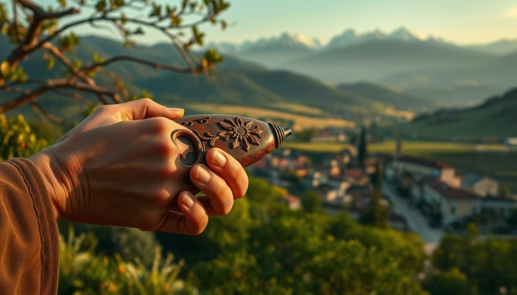 A serene, historical scene of the iconic ocarina instrument, set against the backdrop of a lush, verdant landscape. In the foreground, a skilled musician's hands delicately cradle an intricate, aged ocarina, its intricate carvings and weathered surface hinting at its rich heritage. The middle ground reveals a picturesque village, its quaint buildings and winding streets suggesting a bygone era. In the distance, rolling hills and a majestic, snow-capped mountain range create a sense of timeless tranquility, bathed in the warm glow of golden-hour lighting. The overall atmosphere evokes a deep connection to the instrument's storied past and the timeless art of musical composition.