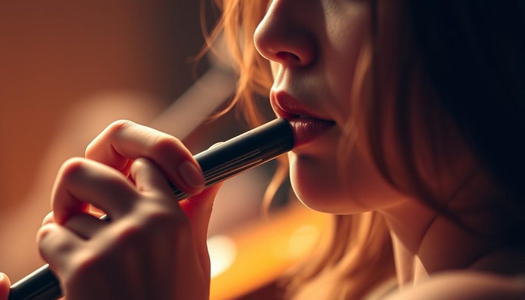 A serene orchestral performance unfolds, with a skilled musician playing a delicate ocarina. The player's lips part in a graceful phrasé, their breath flowing with the music's rhythm and nuance. The scene is bathed in warm, diffused lighting, creating a sense of intimate performance. The instrument's mouthpiece is the focal point, capturing the viewer's attention as the player navigates the subtle undulations of the melody. The background is softly blurred, emphasizing the connection between the musician and their breath-powered creation. The overall atmosphere evokes a sense of tranquility and musical expression.