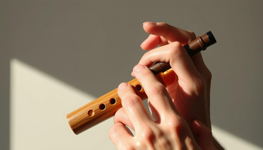 A skilled ocarinist's fingers gracefully dance across the ocarina's gentle curves, coaxing out the soulful melody of "Amazing Grace" in a captivating performance. The instrument's warm, woody tones fill the air, creating a serene, contemplative atmosphere. Soft, natural lighting casts subtle shadows, highlighting the delicate finger movements and the ocarina's intricate finger holes. The scene is framed in a clean, minimal composition, allowing the performer's artistry and the instrument's beauty to take center stage. The overall mood is one of tranquility, reverence, and a deep emotional connection to the timeless hymn.