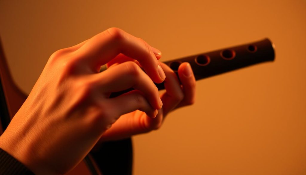 A skilled ocarinist's hands, delicately articulating the "tu/tou" technique, with the instrument held in a natural playing position. Warm, focused lighting illuminates the performer's fingers as they move gracefully across the ocarina's tone holes, creating a sense of deliberate control and fluid motion. The background is a soft, blurred studio setting, allowing the viewer to focus solely on the nuanced technique on display. The overall mood is one of precision, musicality, and the mastery of this fundamental wind instrument skill.