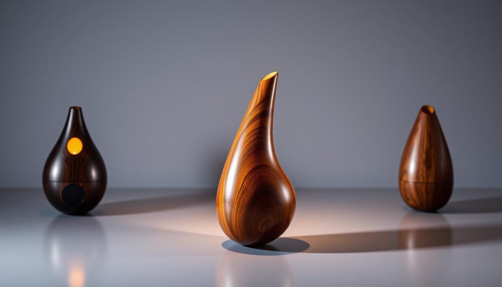 A sleek, modern display showcasing a side-by-side comparison of three iconic ocarina designs. In the foreground, the Stein Ocarina takes center stage, its rich, polished wood grain and elegant curves illuminated by warm, directional lighting. Flanking it are two other renowned ocarinas, each with their own distinct silhouettes and materials, creating a visually compelling contrast. The middle ground features a minimalist, grey backdrop, allowing the instruments to be the sole focus. Subtle shadows and reflections on the surface add depth and dimensionality, while the overall composition maintains a clean, professional aesthetic suitable for an article on ocarina brands.