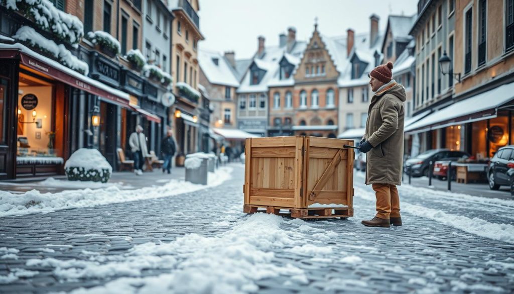 A snowy winter landscape with a French countryside village in the background. In the foreground, a wooden delivery crate sits on a cobblestone street, flanked by old-world storefronts and cafes. A delivery person in a warm winter coat and hat stands beside the crate, ready to transport it to its destination. Soft lighting casts a cozy glow, and delicate snowflakes drift through the air, creating a picturesque, peaceful scene. The overall atmosphere evokes a sense of traditional European charm and the reliable, timely delivery of valued goods.