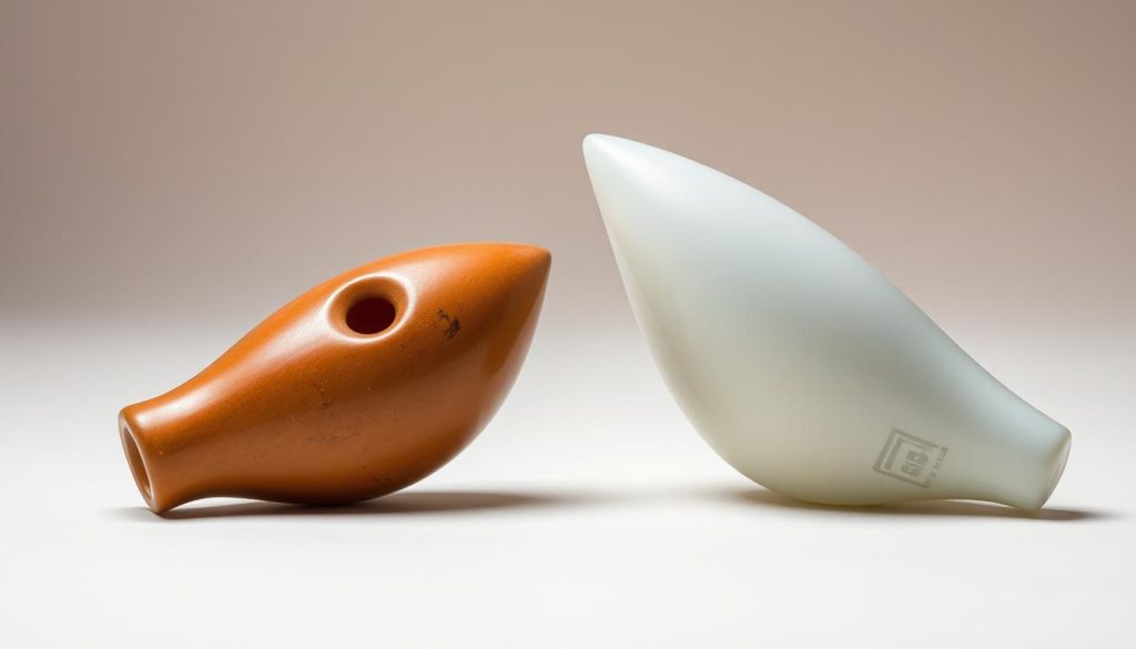 A still life arrangement of a ceramic and a plastic ocarina, showcased against a neutral background with soft, diffused lighting. The ceramic ocarina has a rich, earthy tone and a smooth, glazed surface, while the plastic variant has a more uniform, translucent appearance. Both ocarinas are positioned to highlight their distinct construction materials and the potential impact on sound quality and durability. The scene conveys a sense of contemplation, inviting the viewer to compare and contrast the visual and tactile properties of the two musical instruments.