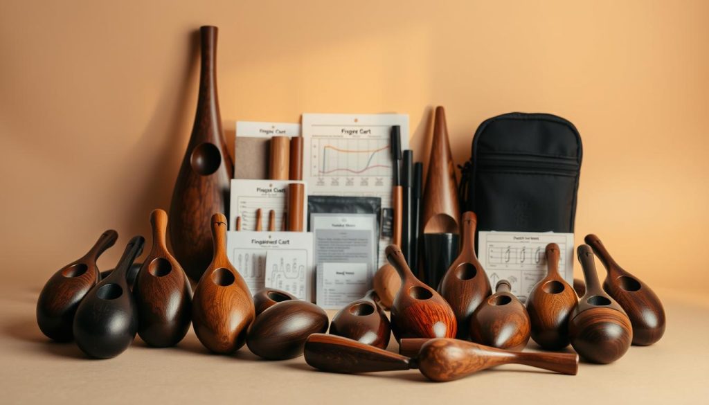 A still life arrangement showcasing a collection of ocarinas and their accompanying accessories. In the foreground, a set of hand-carved wooden ocarinas in various shapes and sizes, their rich tones and organic textures highlighting the natural beauty of the instrument. In the middle ground, an array of accessories such as protective cases, cleaning cloths, and fingering charts, all neatly arranged to suggest their practical use. The background features a neutral, softly-lit backdrop, allowing the ocarinas and their accessories to take center stage. The lighting is warm and diffused, creating a sense of calm and focus on the subject matter. The overall composition is balanced and visually appealing, inviting the viewer to explore the varied tools that can enhance the ocarina playing experience.