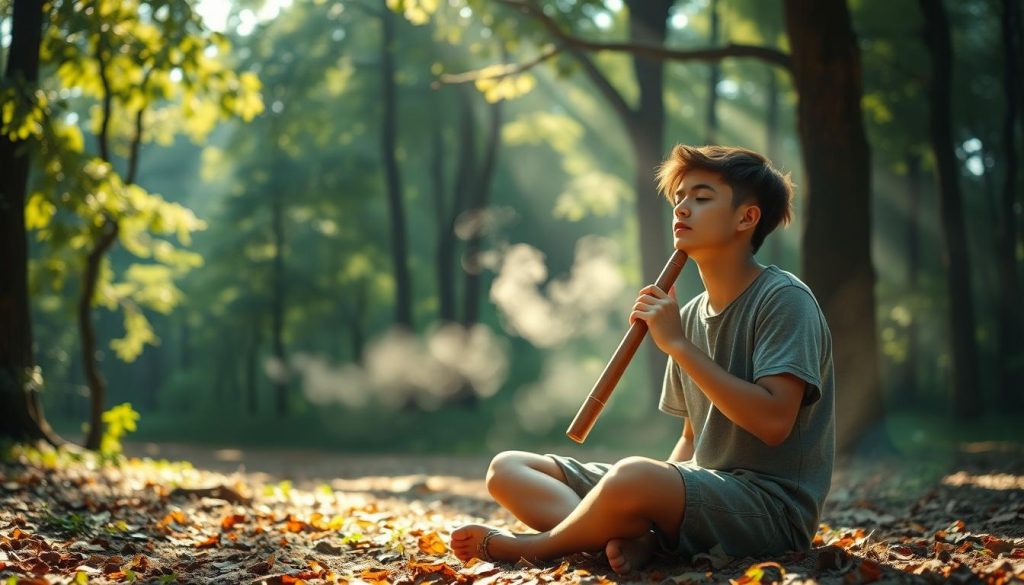 A tranquil forest glade, dappled with sunlight filtering through the canopy. In the foreground, a young man sits cross-legged, playing a wooden ocarina, his eyes closed in contemplation. Wisps of mist drift lazily in the background, lending an ethereal quality to the scene. The warm, earthy tones of the environment complement the soothing melody, creating a sense of timeless harmony. Subtle lens flare adds depth and a dreamlike quality, while the camera angle captures the player's focused expression, immersed in the chant of time. A tranquil forest glade, dappled with sunlight filtering through the canopy. In the foreground, a young man sits cross-legged, playing a wooden ocarina, his eyes closed in contemplation. Wisps of mist drift lazily in the background, lending an ethereal quality to the scene. The warm, earthy tones of the environment complement the soothing melody, creating a sense of timeless harmony. Subtle lens flare adds depth and a dreamlike quality, while the camera angle captures the player's focused expression, immersed in the chant of time.