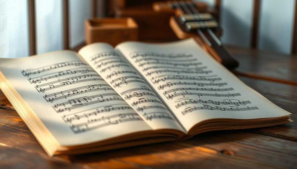 A tranquil scene of delicate sheet music, its elegant partitions adorned with intricate musical notations, resting atop a weathered wooden surface. Soft, diffused lighting casts a warm, nostalgic glow, evoking the timeless beauty of traditional Japanese melodies. In the background, a glimpse of a vintage ocarina, its earthy tones complementing the serene atmosphere. The composition exudes a sense of contemplation and reverence for the art of Ghibli's enchanting soundtracks.