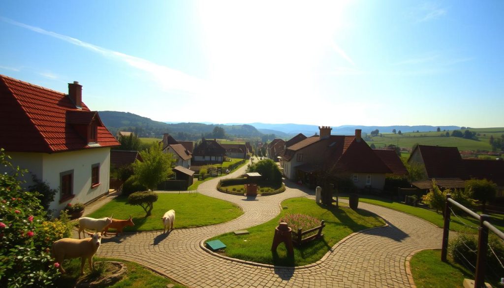 A tranquil village nestled in a picturesque countryside, bathed in the warm golden glow of the morning sun. In the foreground, a charming red-roofed cottage stands amidst a lush garden, with a group of friendly farm animals grazing nearby. In the middle ground, a winding cobblestone path leads towards a quaint town square, where a traditional wooden well and a few locals can be seen. In the distance, rolling hills and a vibrant blue sky create a serene and bucolic atmosphere. The scene is captured through a wide-angle lens, with a soft, diffused lighting that enhances the nostalgic, storybook-like feel of the village. Overall, the image conveys a sense of pastoral harmony and the peaceful rhythm of a simpler, bygone era.
