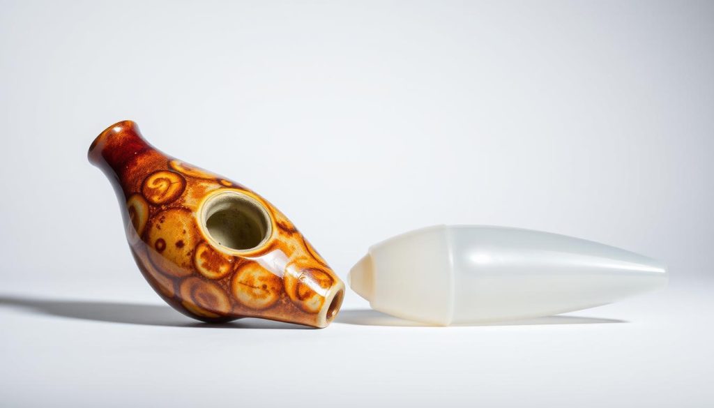 A vibrant ceramic ocarina rests alongside a sleek plastic variant, their distinctive shapes and textures contrasting in a well-lit studio setting. The ceramic ocarina's earthy tones and intricate glazed surface catch the light, while the plastic version gleams with a smooth, modern aesthetic. Both instruments are positioned to showcase their unique timbres and materiality, inviting the viewer to imagine the subtle musical differences between these two ocarina types. The background is minimalist, allowing the ocarinas to take center stage and highlighting their role as the focal point of this image.