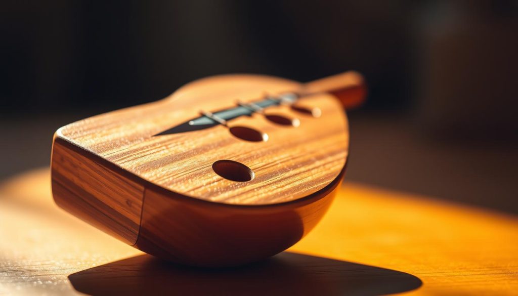 A vibrant close-up shot of a wooden ocarina, its distinctive shape and intricate finger holes capturing the essence of "musique". The instrument is bathed in warm, soft lighting, casting gentle shadows that accentuate its organic texture. The background is blurred, creating a sense of focus and emphasis on the ocarina as the centerpiece. The overall composition conveys a serene, contemplative mood, inviting the viewer to imagine the rich, soulful tones that this humble wind instrument can produce.