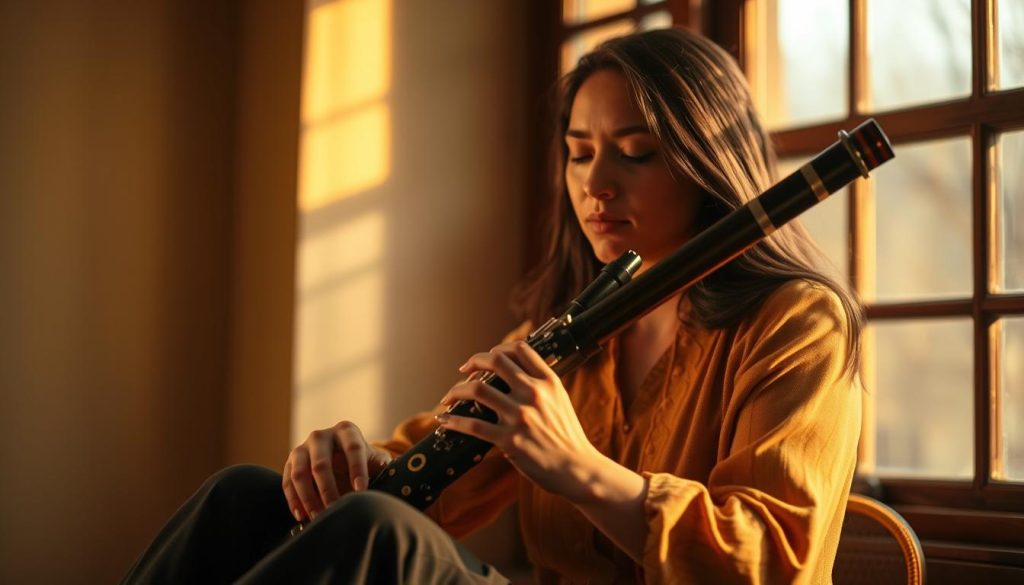 A virtuoso ocarinist sits gracefully, fingers dancing across the ancient wind instrument. Mellow, resonant tones fill the air, evoking a sense of timeless melody. Warm, golden lighting bathes the scene, creating a cozy, intimate atmosphere. The ocarinist's face is in gentle focus, eyes closed in deep concentration as they compose a captivating new tune. Soft, diffused light filters through a large window, casting a warm glow over the musician and their instrument. The background is softly blurred, allowing the viewer to focus solely on the creative process unfolding before them.