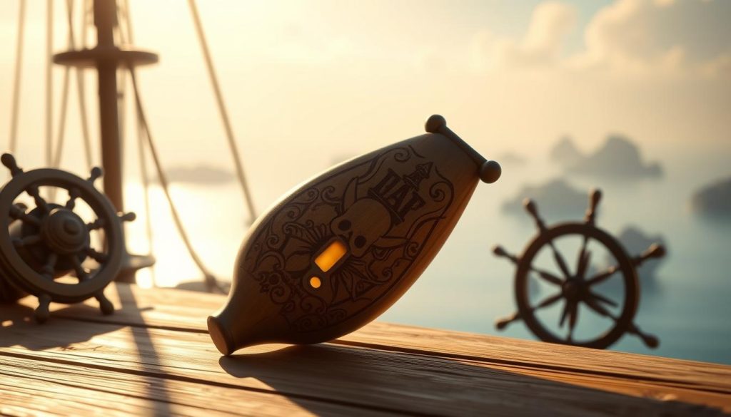 A warm, ambient scene of an ocarina resting on a wooden surface, with a carved, detailed design adorning its surface. The ocarina is positioned in the foreground, casting a soft, golden glow under gentle, diffused lighting. In the middle ground, a pirate's compass and a ship's wheel hint at the nautical theme, while the background features a hazy, dreamlike landscape of Caribbean islands and a serene, sun-dappled ocean. The overall atmosphere evokes a sense of adventure, nostalgia, and the tranquil beauty of the Pirates of the Caribbean theme.
