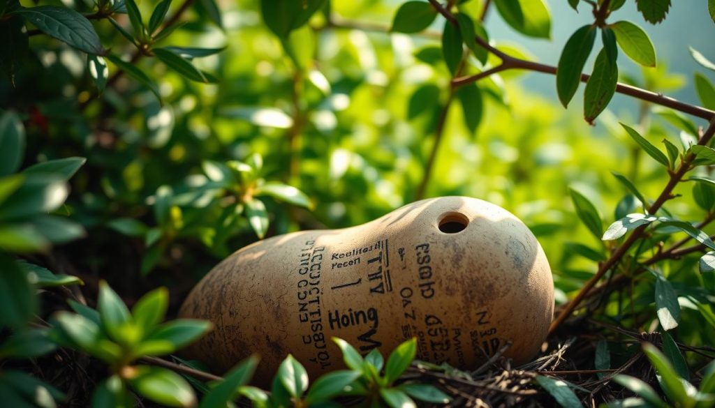 A weathered ocarina, its ancient earthen form nestled amidst the lush, verdant foliage of the Andean highlands. The instrument's soft, rounded contours exude a sense of timeless craftsmanship, a relic of a bygone era when its soothing, haunting melodies accompanied sacred rituals and ceremonies. Warm, diffused sunlight filters through the canopy, casting a gentle glow upon the ocarina, as if imbuing it with the wisdom of the ages. The scene evokes a profound connection to the instrument's origins, transporting the viewer to a realm where music and spirituality intertwine, a testament to the enduring legacy of this iconic Andean symbol.