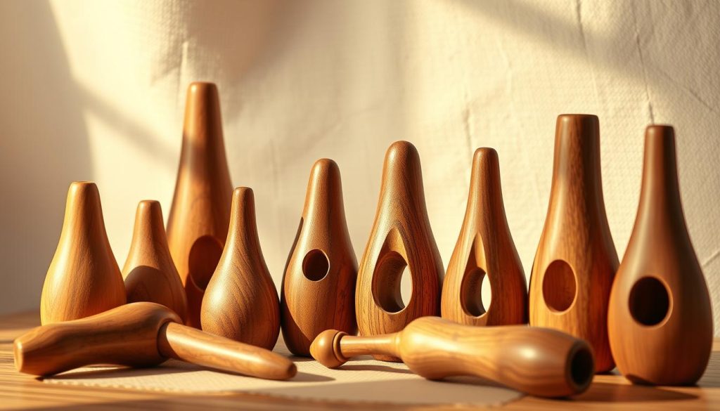 A well-crafted composition of several high-quality wooden ocarinas from renowned brands, displayed against a soft, neutral background. The ocarinas are shown from various angles, highlighting their intricate textures, shapes, and distinctive designs. Warm, natural lighting creates a cozy, inviting atmosphere, showcasing the organic beauty and craftsmanship of these musical instruments. The image conveys a sense of artisanal excellence, inviting the viewer to appreciate the unique qualities and tonal properties of these handmade ocarinas.