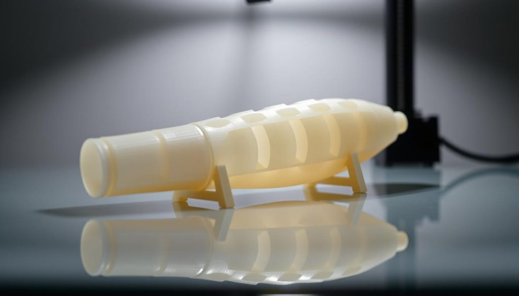 A well-lit, close-up view of a 3D-printed model of an ocarina, resting on a clean, reflective surface. The model showcases various supports and braces used during the printing process, highlighting the complex structures and angled positioning required for optimal print quality. The camera angle emphasizes the intricate details of the support structures, allowing the viewer to understand the technical aspects of the printing settings. The image conveys a sense of precision and attention to detail, reflecting the care and expertise needed to produce a high-quality 3D-printed ocarina.