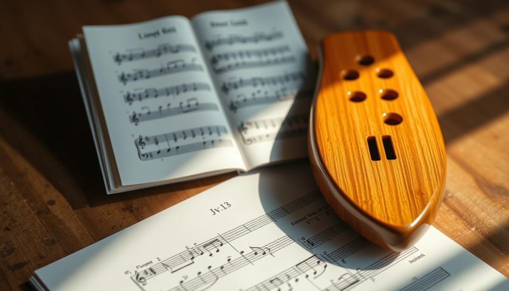 A well-lit, detailed close-up view of an open ocarina with finger holes, showing the fingering positions for a simple tablature score. The ocarina is resting on a wooden surface, with the sheet music clearly visible in the foreground. The lighting casts warm, natural shadows, highlighting the intricate woodgrain and contours of the ocarina. The composition emphasizes the tactile experience of reading and playing the ocarina, inviting the viewer to imagine the soothing, mellow tones it produces. The overall mood is one of focus, clarity, and the joyful simplicity of learning a new musical instrument.