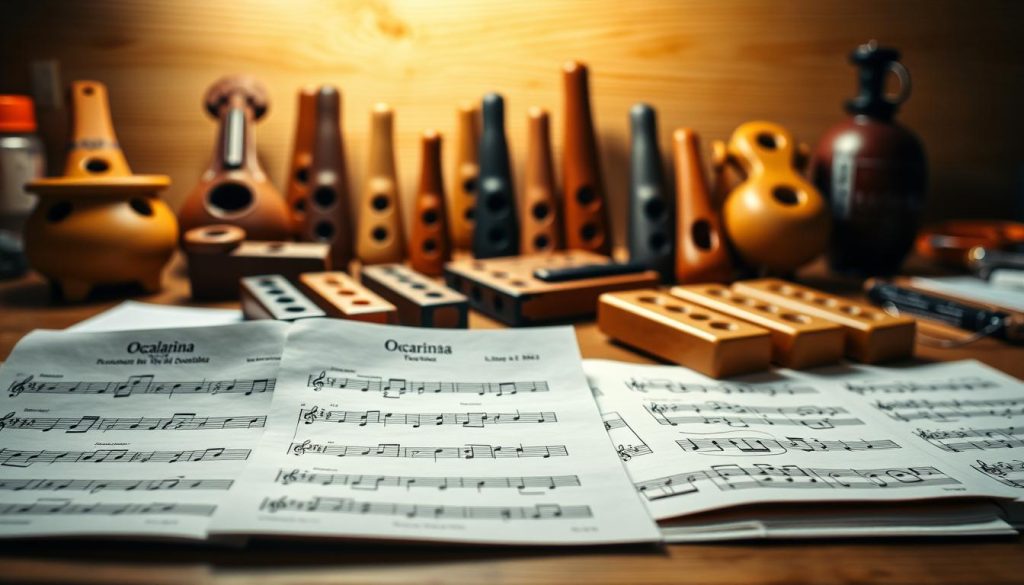 A well-lit, high-resolution image of a collection of sheet music and musical notations representing beginner-level ocarina tablatures. The foreground features a series of crisp, neatly organized partitions with clear musical notation, conveying a sense of clarity and approachability. The middle ground showcases a variety of ocarina instruments in various sizes and styles, evoking the versatility of the instrument. The background subtly blends elements of a wooden desktop or workspace, creating a natural, inviting atmosphere. The overall scene exudes a sense of reliability, simplicity, and an eagerness to help novice ocarina players access easy, accessible musical resources.