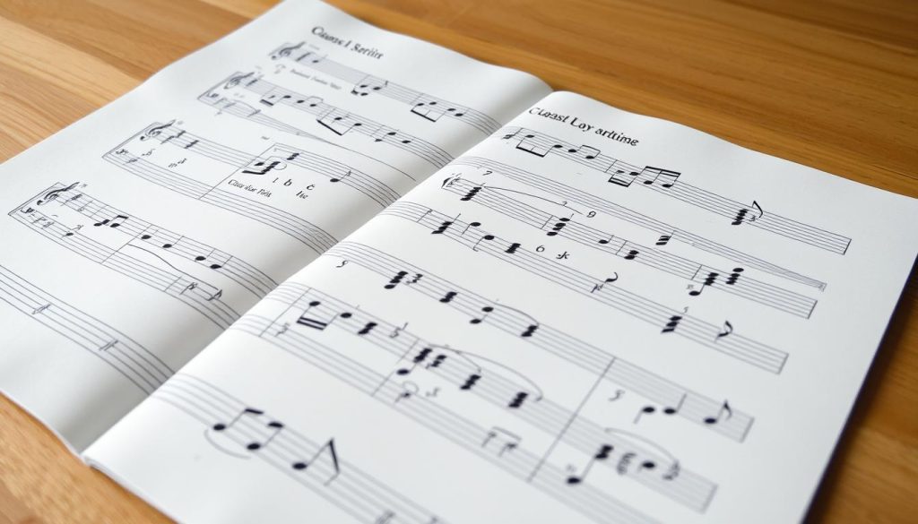 A well-lit sheet music for an ocarina, laid out on a smooth, wooden surface. The staves and clefs are crisp and clear, meticulously arranged to guide the player's fingers. The notes dance across the page, inviting the viewer to imagine the melodic tones they represent. The background is softly blurred, placing the focus squarely on the musical score, a blueprint for the harmonious exploration of this unique wind instrument. The overall mood is one of clarity, precision, and the anticipation of musical discovery.