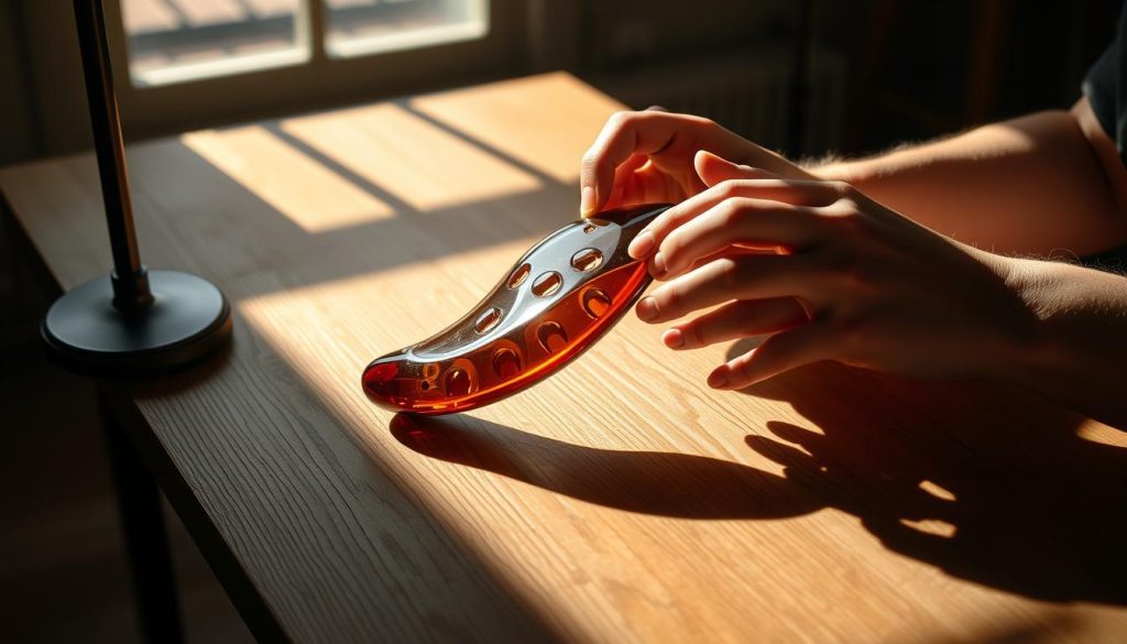 A well-lit studio filled with a wooden table, a gleaming ocarina, and a musician's hands gently fingering the instrument. Soft shadows cast across the table, highlighting the delicate movements. The ocarina's shape is captured in intricate detail, its glazed surface reflecting the light. The image conveys a sense of concentration and focus, as the player practices controlled, steady breaths to produce clear, resonant tones. The overall atmosphere is one of serene, disciplined practice, creating the perfect illustration for the section on "Exercices pratiques pour apprendre jouer avec un souffle régulier".