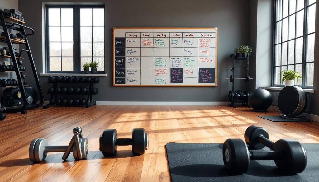A well-organized home gym with a wall-mounted exercise program schedule. In the foreground, a set of free weights and a yoga mat are neatly arranged on a wooden floor. The middle ground features a large whiteboard or chalkboard displaying a detailed weekly exercise plan, with time allocations and exercise names written in colorful chalk. The background showcases large windows letting in natural light, creating a bright and motivating atmosphere. The overall scene conveys a sense of structure, discipline, and a commitment to a healthy lifestyle.