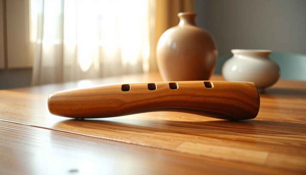 A wooden ocarina lying on a wooden table, bathed in warm, natural lighting. The ocarina has a simple, budget-friendly design with a matte finish, showcasing its modest yet charming appearance. In the background, a ceramic ocarina stands in contrast, hinting at the differences in quality and price point between the two instrument types. The composition emphasizes the ocarina's ergonomic shape and the textural contrast between the wood and the ceramic material, inviting the viewer to consider the trade-offs between cost and craftsmanship when choosing an ocarina.