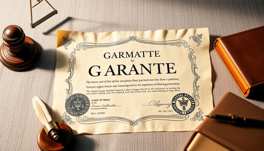 An elegant and meticulously detailed legal guarantee document, presented against a soft, muted background. The parchment-like paper has a subtle aged texture, conveying a sense of authenticity and authority. The text is written in a classic, calligraphic font, with carefully placed seals and official stamps that instill a feeling of trust and professionalism. The lighting is warm and directional, casting gentle shadows that accentuate the document's physicality. The composition is balanced, with the guarantee taking center stage, surrounded by a harmonious arrangement of subtly blurred legal accoutrements, such as a wooden desk, a quill, and a well-worn leather-bound book. The overall atmosphere evokes a sense of reassurance, reliability, and the enduring legacy of consumer protection.
