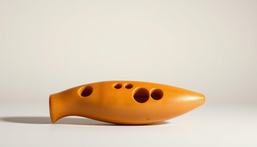 An ocarina with its characteristic double-chambered body, adorned with intricate finger holes and a sleek, polished finish, rests against a plain, neutral background. The ocarina is illuminated by soft, diffused lighting, casting gentle shadows and highlighting the instrument's organic shape and textural details. The frame is composed to emphasize the ocarina's central placement, while leaving ample negative space around it to draw the viewer's focus. The overall mood is one of simplicity and elegance, inviting the viewer to closely examine the ocarina's design and consider its role as a versatile musical instrument for beginners.