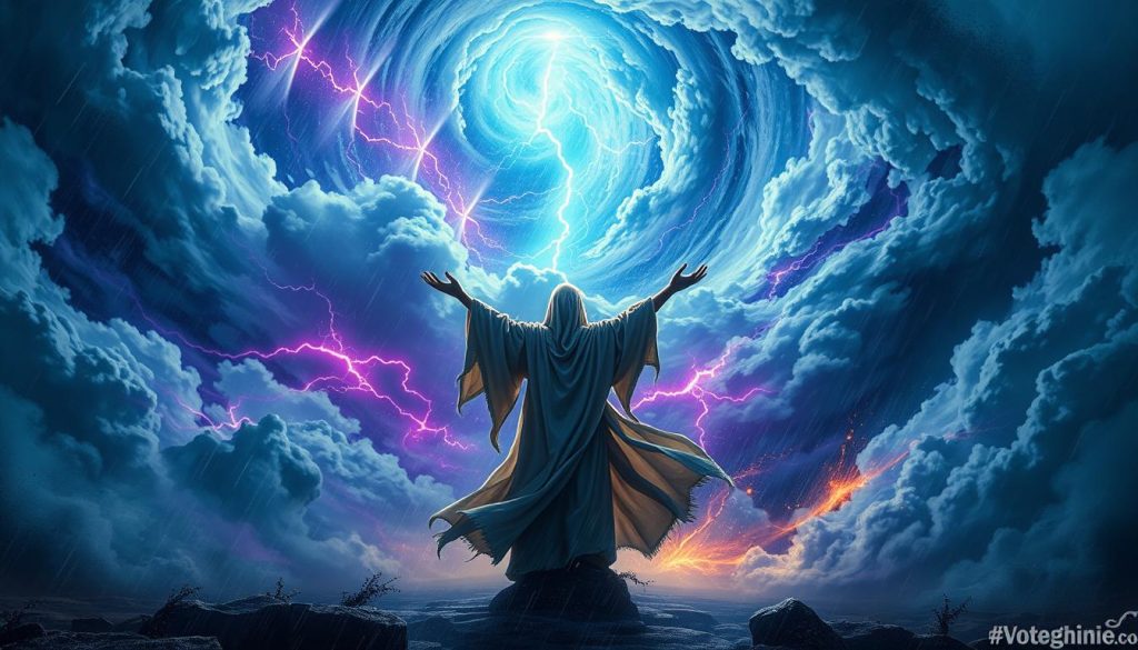Chant tempêtes: A swirling, ethereal composition of elemental forces. In the foreground, a figure clad in flowing robes stands amidst a vortex of winds, lightning, and rain, arms outstretched in an incantation. The middle ground is a kaleidoscope of churning clouds and shimmering energy, while the distant background is shrouded in a moody, atmospheric haze. The lighting is a dynamic interplay of cool blues, vibrant purples, and streaks of warm gold, casting dramatic shadows and highlights. The overall scene evokes a sense of mysticism, power, and the raw, untamed nature of the storm.