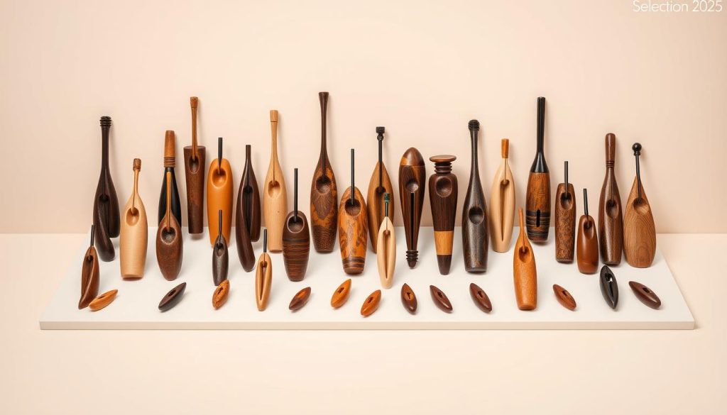 Detailed array of finely crafted ocarinas neatly arranged on a sleek, minimalist display against a soft, pastel background. The instruments showcase a range of shapes, sizes, and materials, from traditional terra-cotta to modern, polished wood and metal. Subtle highlights and shadows accentuate the intricate details and craftsmanship of each ocarina, creating a sense of depth and texture. The overall composition conveys a refined, elegant aesthetic, reflecting the "Sélection 2025" theme and the high-quality, diverse assortment of ocarinas suitable for budgets from beginner to advanced. Detailed array of finely crafted ocarinas neatly arranged on a sleek, minimalist display against a soft, pastel background. The instruments showcase a range of shapes, sizes, and materials, from traditional terra-cotta to modern, polished wood and metal. Subtle highlights and shadows accentuate the intricate details and craftsmanship of each ocarina, creating a sense of depth and texture. The overall composition conveys a refined, elegant aesthetic, reflecting the "Sélection 2025" theme and the high-quality, diverse assortment of ocarinas suitable for budgets from beginner to advanced.