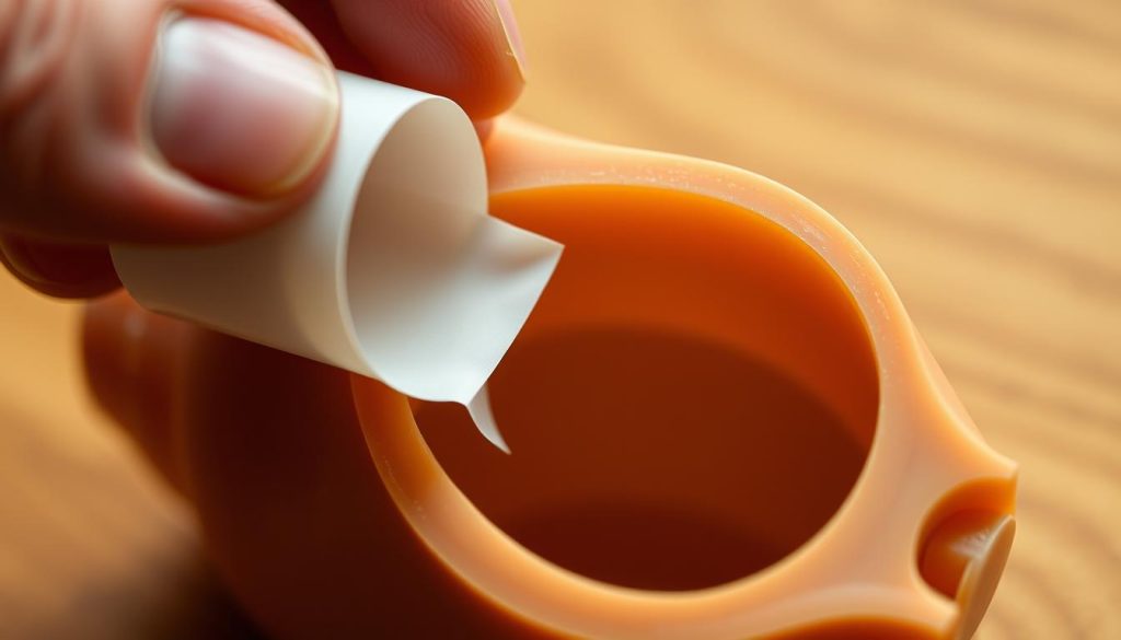Detailed close-up of a roll of adhesive tape being carefully applied to the inner surface of a 3D printed ocarina. The tape is being smoothed and molded to the contours of the air chamber, creating an airtight seal. Soft, even lighting illuminates the delicate application process, emphasizing the precision and attention to detail required. The background is blurred, keeping the focus on the intricate tape adjustment work being performed. Warm, muted tones complement the organic nature of the 3D printed ocarina form. Convey a sense of craftsmanship and the importance of this sealing step in the ocarina assembly process.