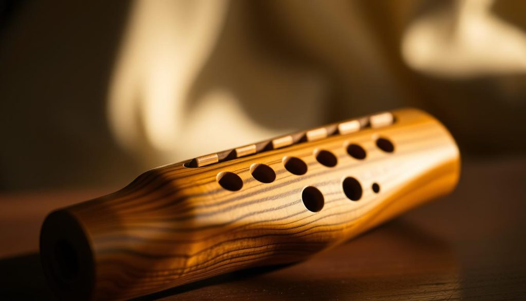 Detailed close-up shot of an alto ocarina in the key of C, featuring a 12-hole design. The ocarina has a rich, warm wooden finish, with intricate woodgrain patterns. Illuminated by soft, directional lighting that accentuates the natural textures and contours of the instrument. The ocarina is positioned in the center of the frame, filling the majority of the image. The background is softly blurred, creating a sense of depth and focus on the ocarina. The overall mood is one of artistic appreciation and reverence for the craftsmanship of this traditional musical instrument.