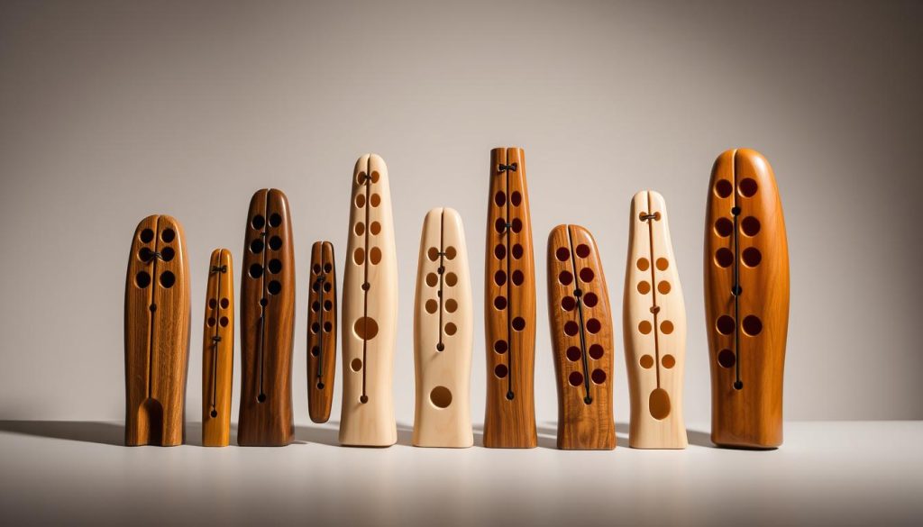 Intricate ocarina wind instruments, featuring multiple finger holes in a sleek, polished design. Showcased against a neutral, softly lit backdrop that accentuates the organic curves and tonal possibilities of these versatile instruments. Captured from a slightly elevated angle to highlight the various ocarina configurations, from the classic 4-hole to the more complex 6 and 12-hole models, as well as the double and triple ocarinas. The lighting casts gentle shadows, emphasizing the precise finger positioning required for the diverse Pacchioni and Asian ocarina playing techniques. An educational, yet visually captivating scene that invites the viewer to explore the nuanced world of these remarkable musical tools.