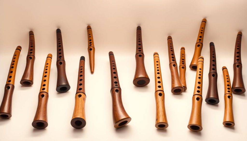 Ocarina gamme, a detailed product shot showcasing the range of Stein Ocarina instruments. Set against a clean, neutral background, the image highlights the elegant and varied designs of these traditional wind instruments. Soft, directional lighting emphasizes the fine craftsmanship and natural wood tones. The ocarinas are arranged in an organized, visually appealing manner, allowing the viewer to appreciate the subtle differences in shape, size, and ornamentation between the different models. The overall composition conveys a sense of quality, precision, and the brand's commitment to preserving the heritage of this unique musical tradition.