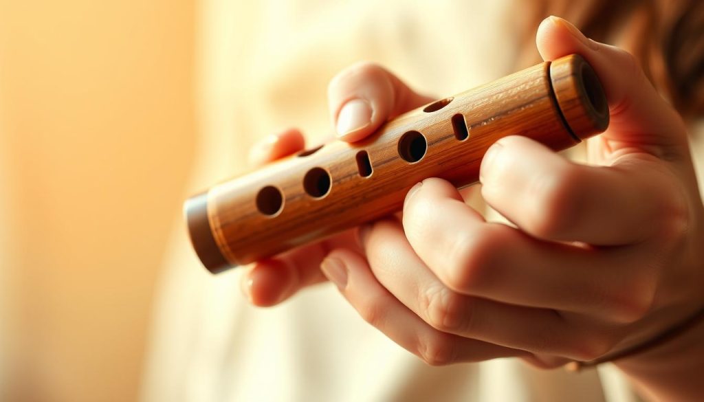 Ocarina held in both hands, fingers poised on the finger holes, ready to play. A detailed close-up view, capturing the precise positioning and dexterity required to produce the distinct tones. Warm, natural lighting illuminates the instrument's smooth wooden surface and the player's nimble digits. The composition emphasizes the focus and technique needed to master this traditional wind instrument. Soft, earthy tones create a serene, contemplative atmosphere, inviting the viewer to appreciate the artistry and skill involved in playing the ocarina.