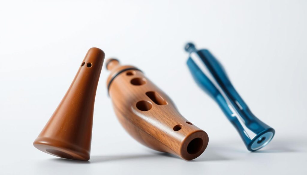 Ocarina niveaux: a trio of finely crafted ocarinas, each representing a distinct skill level. In the foreground, a beginner's ocarina in warm ceramic tones, its simple shape inviting gentle exploration. In the middle, an intermediate ocarina in polished wood, its intricate finger holes hinting at a growing mastery. And in the background, an advanced ocarina in sleek plastic, its streamlined design reflecting the player's refined technique. Soft, diffused lighting casts a contemplative glow, emphasizing the instruments' organic materiality and the subtle gradations of skill they embody. This harmonious composition captures the essence of the "Ocarina en céramique, bois ou plastique : lequel sonne le mieux ?" article, showcasing the nuanced criteria for ocarina selection across different levels of proficiency. Ocarina niveaux: a trio of finely crafted ocarinas, each representing a distinct skill level. In the foreground, a beginner's ocarina in warm ceramic tones, its simple shape inviting gentle exploration. In the middle, an intermediate ocarina in polished wood, its intricate finger holes hinting at a growing mastery. And in the background, an advanced ocarina in sleek plastic, its streamlined design reflecting the player's refined technique. Soft, diffused lighting casts a contemplative glow, emphasizing the instruments' organic materiality and the subtle gradations of skill they embody. This harmonious composition captures the essence of the "Ocarina en céramique, bois ou plastique : lequel sonne le mieux ?" article, showcasing the nuanced criteria for ocarina selection across different levels of proficiency.
