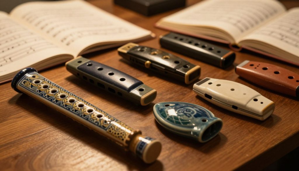 A beautifully arranged collection of various ocarinas from reliable brands showcased on a wooden table. In the foreground, a glazed ceramic ocarina with intricate patterns, reflecting warm, soft lighting, inviting the viewer to appreciate its craftsmanship. In the middle ground, ocarinas made from different materials, such as clay and plastic, each exhibiting unique colors and designs. The background features a softly blurred musical sheet and an open music book, hinting at the instrument's use. The lighting is warm and inviting, creating a cozy atmosphere, suitable for a music enthusiast's workspace. The composition should evoke a sense of authenticity and craftsmanship, illustrating a variety of trustworthy options for those exploring reliable ocarina brands.