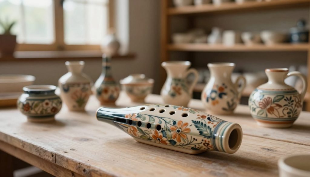 A beautifully crafted ceramic ocarina displayed prominently in the foreground, showcasing intricate, hand-painted designs featuring floral patterns and natural colors. The middle ground features a soft, blurred arrangement of other ceramic instruments, emphasizing their unique shapes and textures. In the background, a warm, rustic workshop setting with wooden shelves filled with various ceramic pieces, soft natural light filtering in through a window, creating a cozy and inviting atmosphere. The scene is captured with a slight top-down angle, allowing for detailed viewing of the ocarina's craftsmanship while maintaining a harmonious composition. The overall mood is serene and artistic, highlighting the beauty of ceramic materials in musical instrument design.
