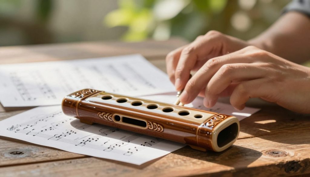 A beautifully crafted tenor ocarina with eight distinct sound holes, elegantly displayed on a rustic wooden table. The foreground features the ocarina, showcasing its smooth, glossy ceramic finish and intricate carvings reflecting light. In the middle, an array of sheet music and a pair of hands skillfully positioned to play it, symbolizing the art of music. The background includes a blurred image of a serene outdoor environment, with gentle sunlight filtering through green leaves, creating a warm and inviting ambiance. The image captures a sense of tranquility and musical passion, emphasizing the ocarina's role in creating harmonious melodies. Use soft, natural lighting with a slight bokeh effect to enhance the artistic feel.