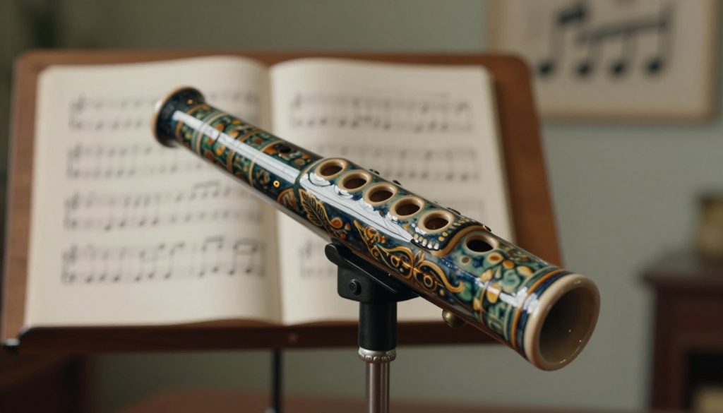 A close-up view of a beautifully crafted ocarina, prominently displayed in the foreground, showcasing its polished ceramic surface and intricate glaze patterns. The instrument is elegantly tilted to capture reflections of light, highlighting its texture. In the middle ground, a wooden music stand holds an open sheet of music with delicate notes illustrated, subtly obscured to keep the focus on the ocarina. The background features soft, muted lighting with an out-of-focus ambiance of a serene room filled with musical notes and artistic elements, enhancing a calm and reflective atmosphere. The composition emphasizes the craftsmanship of the ocarina, inviting appreciation for quality over mass-produced items, with warm tones creating a cozy, inviting mood.