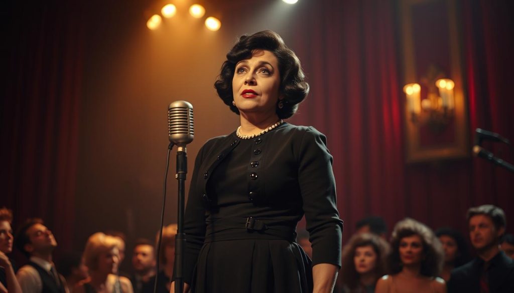 A captivating portrait of Édith Piaf performing on stage in a glamorous 1940s music hall setting. In the foreground, she stands confidently, wearing a classic black dress with elegant details, her expressive face reflecting passion and intensity as she sings. The middle ground features a vintage microphone, and soft spotlighting illuminates her, casting a warm glow. In the background, art deco curtains and a captivated audience create an enchanting atmosphere, enhancing the experience. The overall mood is nostalgic and vibrant, evoking the essence of Parisian nightlife. The composition includes soft focus to emphasize Édith while maintaining clarity around the stage details, capturing both her stature as a legendary singer and the soulful ambiance of the era. A captivating portrait of Édith Piaf performing on stage in a glamorous 1940s music hall setting. In the foreground, she stands confidently, wearing a classic black dress with elegant details, her expressive face reflecting passion and intensity as she sings. The middle ground features a vintage microphone, and soft spotlighting illuminates her, casting a warm glow. In the background, art deco curtains and a captivated audience create an enchanting atmosphere, enhancing the experience. The overall mood is nostalgic and vibrant, evoking the essence of Parisian nightlife. The composition includes soft focus to emphasize Édith while maintaining clarity around the stage details, capturing both her stature as a legendary singer and the soulful ambiance of the era.