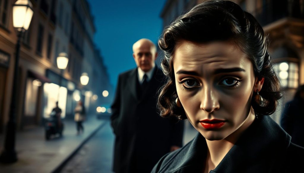 A dramatic scene capturing Édith Piaf as a young woman in the foreground, dressed in 1940s Parisian attire, her expression a mix of sorrow and determination. In the middle, depict the somber figure of Louis Leplée, her mentor, portrayed in a classic black suit, casting a shadow of tragedy over her. The background features a dimly lit Parisian street at night, softly illuminated by vintage street lamps, evoking a melancholic yet nostalgic atmosphere. Use a shallow depth of field to focus on Piaf's emotional expression, with a slight vignette to enhance the somber mood. The overall color palette should be muted, with deep blues and grays, emphasizing the weight of the tragic events surrounding them. Capture the essence of vulnerability and resilience in this poignant moment. A dramatic scene capturing Édith Piaf as a young woman in the foreground, dressed in 1940s Parisian attire, her expression a mix of sorrow and determination. In the middle, depict the somber figure of Louis Leplée, her mentor, portrayed in a classic black suit, casting a shadow of tragedy over her. The background features a dimly lit Parisian street at night, softly illuminated by vintage street lamps, evoking a melancholic yet nostalgic atmosphere. Use a shallow depth of field to focus on Piaf's emotional expression, with a slight vignette to enhance the somber mood. The overall color palette should be muted, with deep blues and grays, emphasizing the weight of the tragic events surrounding them. Capture the essence of vulnerability and resilience in this poignant moment.