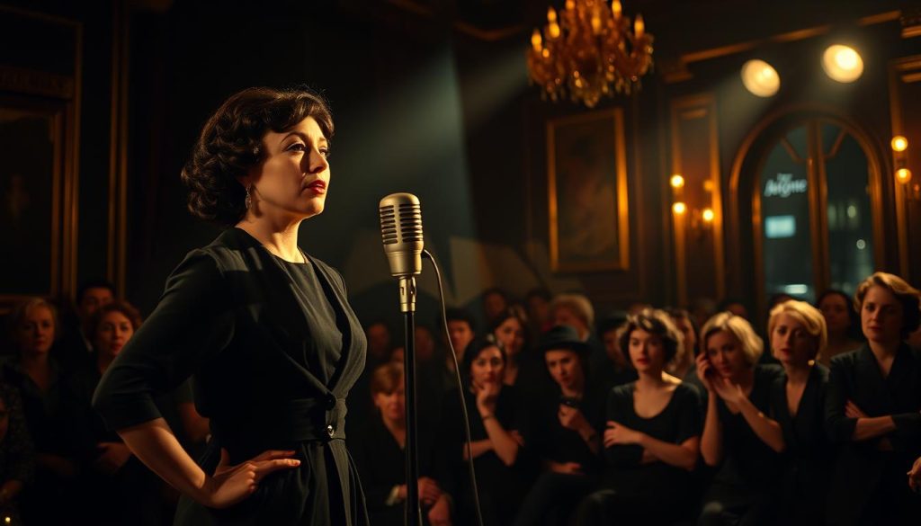 A dramatic scene capturing Édith Piaf in the midst of her rise to national and international fame. In the foreground, a poised young Piaf stands confidently on stage, wearing an elegant black dress that reflects her iconic style. Her expressive face radiates passion as she sings into a vintage microphone, illuminated by soft golden stage lights that create a warm atmosphere. In the middle ground, a captivated audience, dressed in early 20th-century attire, leans in, their faces filled with admiration and wonder. The background features a dimly lit Parisian café stage, enhancing the vintage ambiance with elegant decor and subtle hints of city life beyond the curtain. The overall mood is one of aspiration, excitement, and the vibrant energy of a star on the rise. A dramatic scene capturing Édith Piaf in the midst of her rise to national and international fame. In the foreground, a poised young Piaf stands confidently on stage, wearing an elegant black dress that reflects her iconic style. Her expressive face radiates passion as she sings into a vintage microphone, illuminated by soft golden stage lights that create a warm atmosphere. In the middle ground, a captivated audience, dressed in early 20th-century attire, leans in, their faces filled with admiration and wonder. The background features a dimly lit Parisian café stage, enhancing the vintage ambiance with elegant decor and subtle hints of city life beyond the curtain. The overall mood is one of aspiration, excitement, and the vibrant energy of a star on the rise.